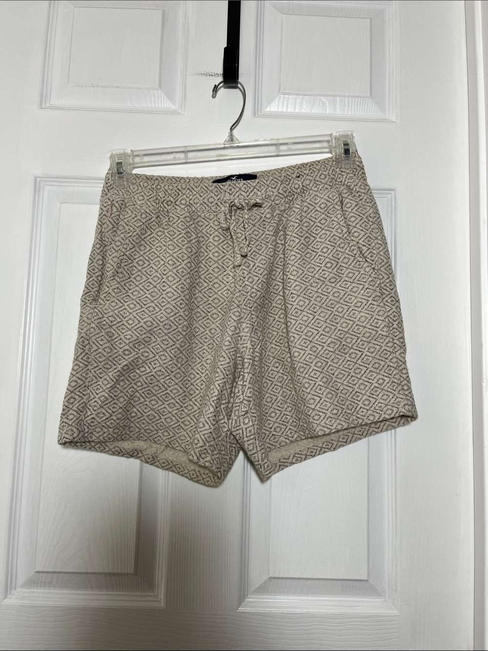 Hollister Beige Diamond-Print Drawstring Cotton/Linen Blend Shorts